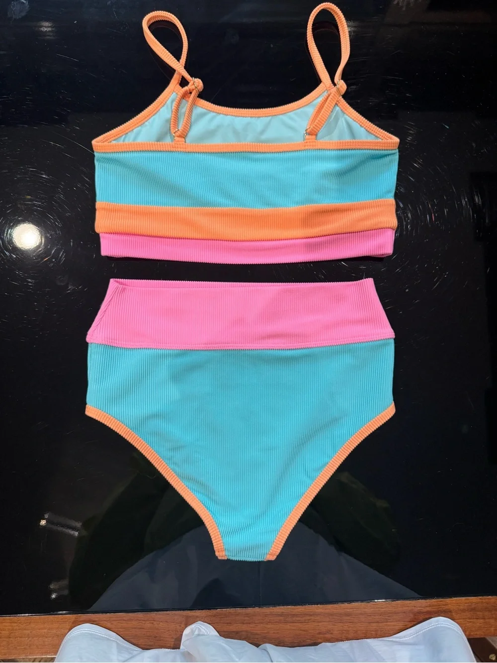 Girls’ Beach Riot Colorblock High-Waist Bikini Set - Aqua, Pink & Orange Trim